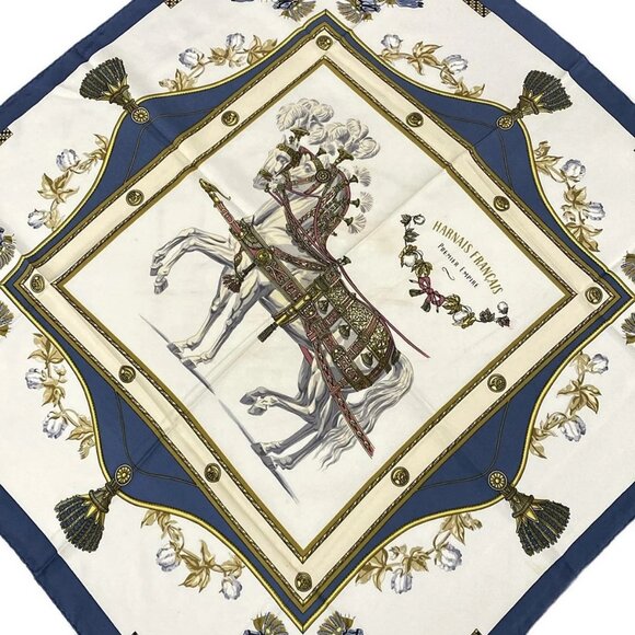 Auth HERMES Carre 90 - Cream Navy Multi Scarf - Picture 1 of 9